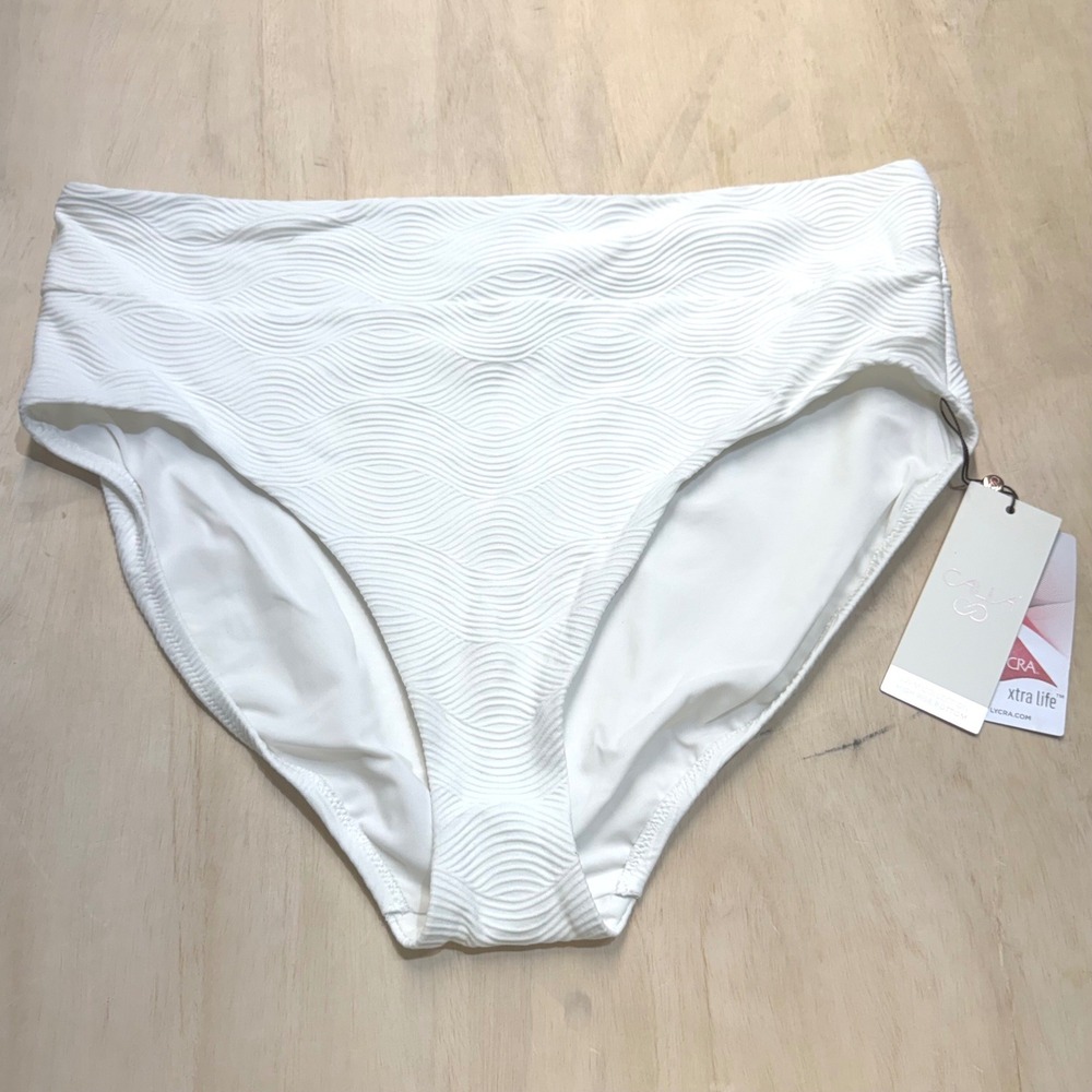 CALIA Pure White Waves Womens XL High Rise High Leg Swim Bikini Bottoms New